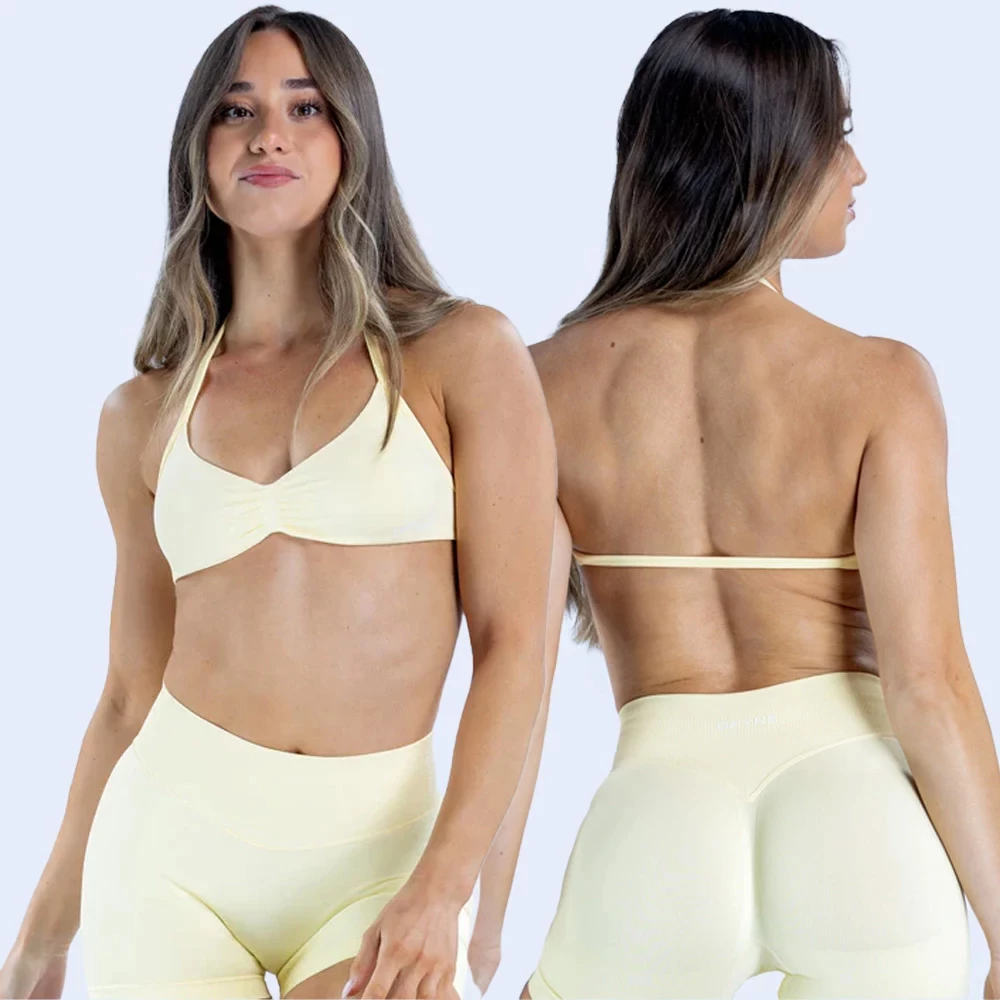 Top de yoga sin costuras con tirantes y espalda descubierta, sujetador deportivo para gimnasio para mujer.