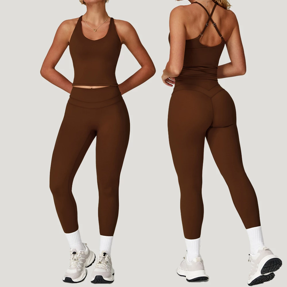 Conjuntos de yoga de cintura alta para mujer con leggings moldeadores, conjunto deportivo elástico para entrenamiento.
