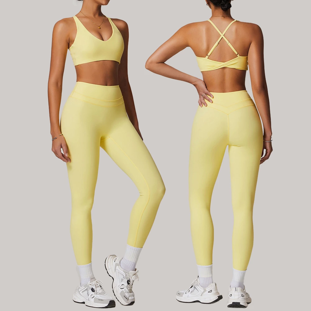 Conjuntos de yoga de cintura alta para mujer con leggings moldeadores, conjunto deportivo elástico para entrenamiento.