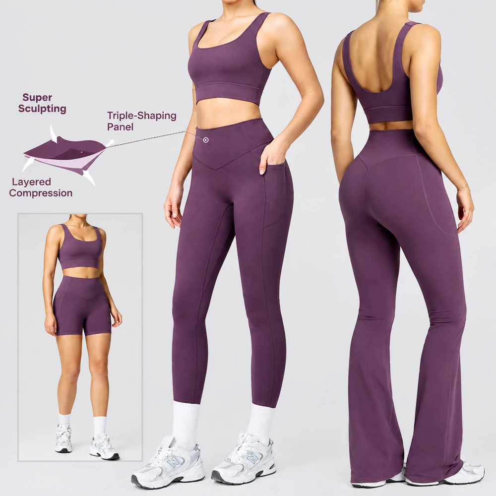 Conjunto de ropa deportiva para mujer: sujetador deportivo con cuello en U, cintura alta, control de abdomen y pantalones de yoga con bolsillo.